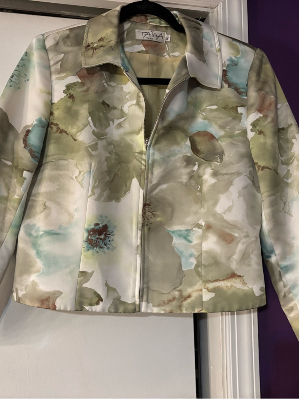 VTG Taiga Paris Women's Watercolor Print Lightweight Jacket - Sage & Cream NWOT